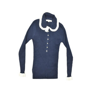 LOFT Women's Regular Size S Blue Ribbed Ruffle Collar Henley Sweater NEW
